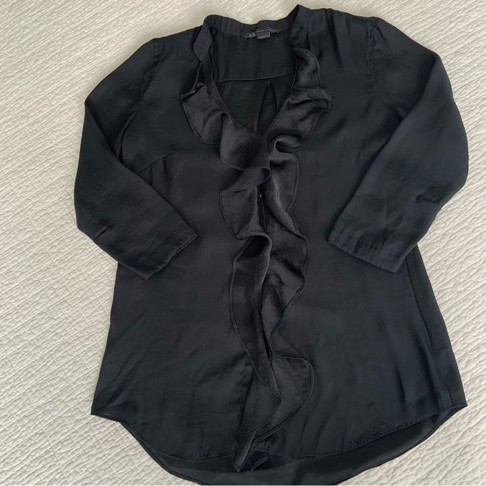 ARMANI EXCHANGE SILKY RUFFLE FRONT BLOUSE / BLACK / BUTTON UP / SMALL